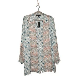 JANE + DELANCEY $65 Long Sleeve Printed Pleated Button-Up Tunic XL